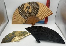 Lot 3 Vintage Folding Fans Japan Airlines Crane Asian Wood Hand Fans Decor