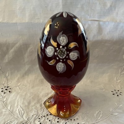 Fenton Ruby Red Hand painted Glass Egg, White, Gold Floral, RARE find