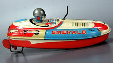 Old Japanese Tin Toy Motor Boat EMERALD Y-3 Yonezawa Toys Showa Retro Propeller