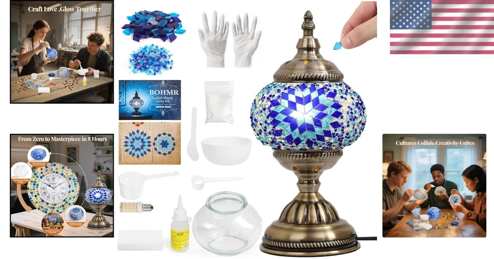 Kit artesanal de lámpara de mosaico turco personalizable - Lámpara de mesa familiar azul Foto 2 de 4