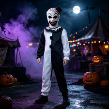 Kids Art the Clown Fancy Dress 4Pc Terrifier Costume Halloween Jumpsuit Mask Hat