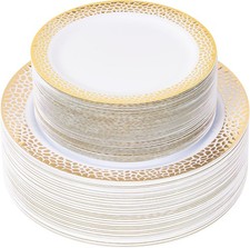 Heavy Duty Plastic Plates 100pcs, Disposable Party Plates with Gold Design,