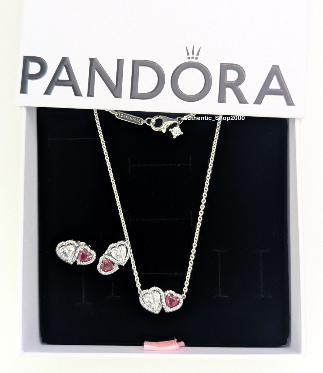 NEW 100% PANDORA Red White Halo Heart Stud Necklace Gift Set