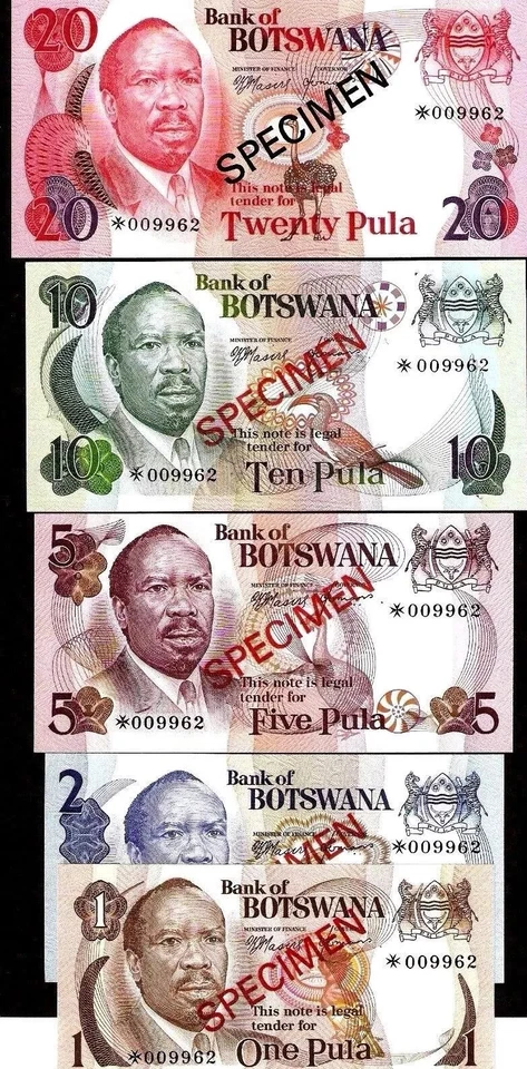 Botsuana 1 2 5 10 20 PULA P-1 2 3 4 5 ND 1979 Conjunto de muestras UNC Moneda BILLETE Foto 4 de 4