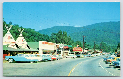 Postcard Cherokee North Carolina 57 Chevys Gas Pump Teepees Sequoyah Restaurant - 第 1/5 張圖片