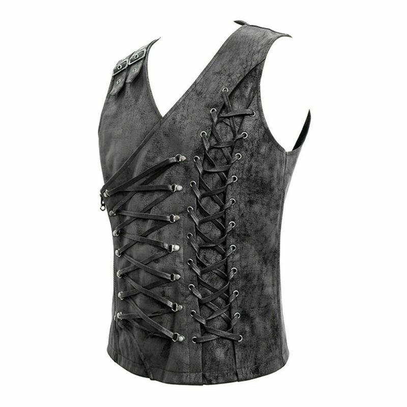 Men Punk Sleeveless Waistcoat Gothic Eyelet Drawstring Men Punk Sleeveless Waistcoat Gothic Eyelet Drawstring