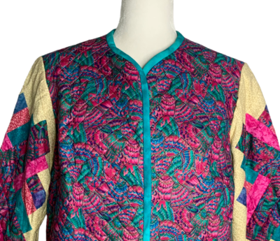 Vintage 80s Quilted Jacket Women M Pink Blue Floral Granny Core