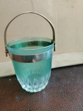 Small Green Pressed Glass Ice Bucket with Metal Handle