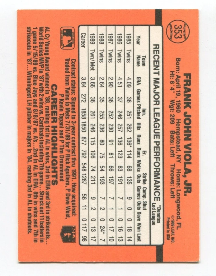 1990 Donruss Frank Viola Signed Baseball Card Autographed AUTO #353 - Image 2 of 2