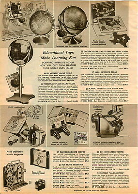 1960 PAPER AD Cartoon O Scope Viewer Magnajector Rand McNally Globe Toy Play