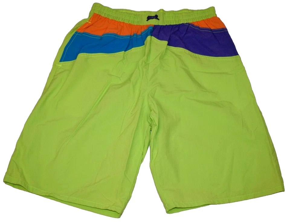 Vintage Le TIGRE Swimsuit Size M 32-34 80s 90s Neon Green Orange Blue Trunks - Image 2 of 4