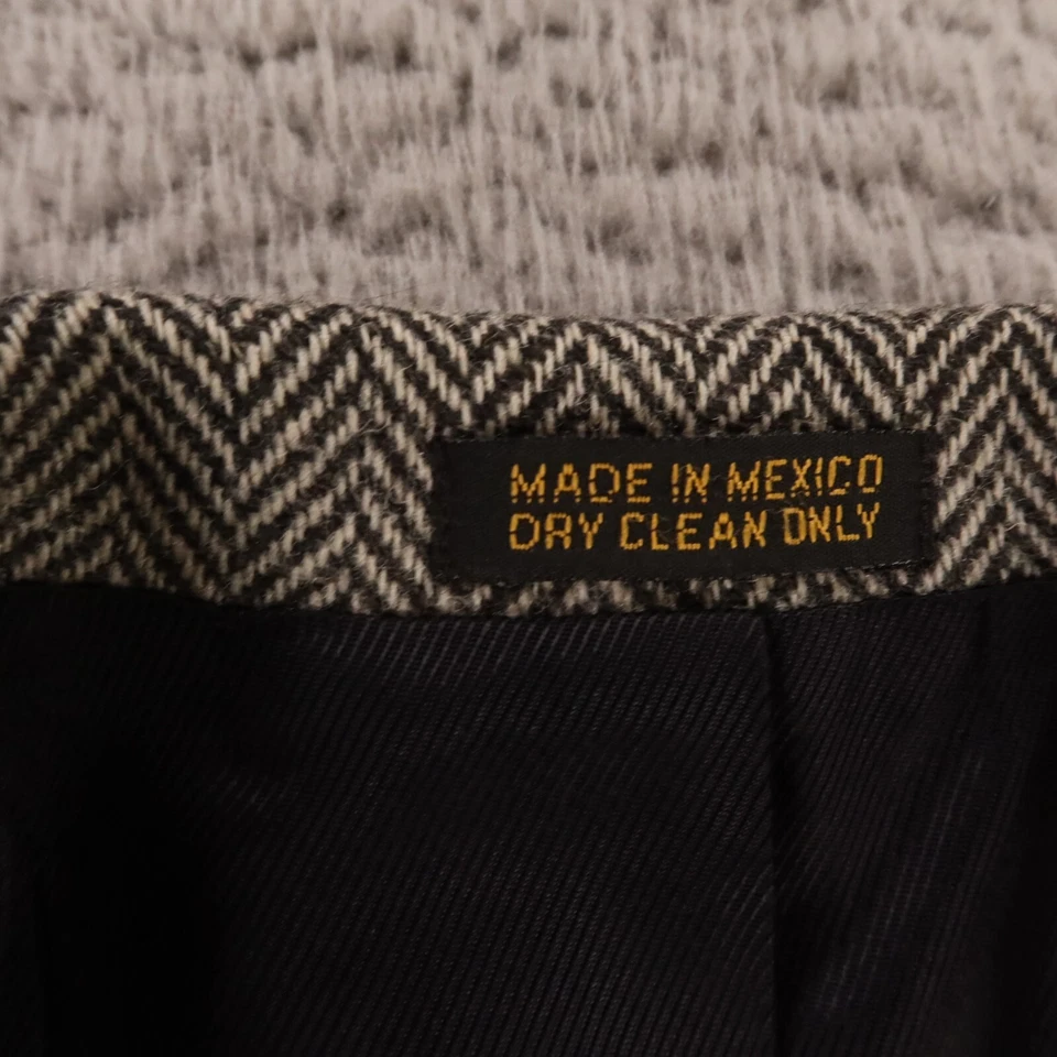 复古粗花呢夹克 M 42R 灰色黑色人字形 100% 羊毛羊羔毛西装外套 — 第 3/4 张图片