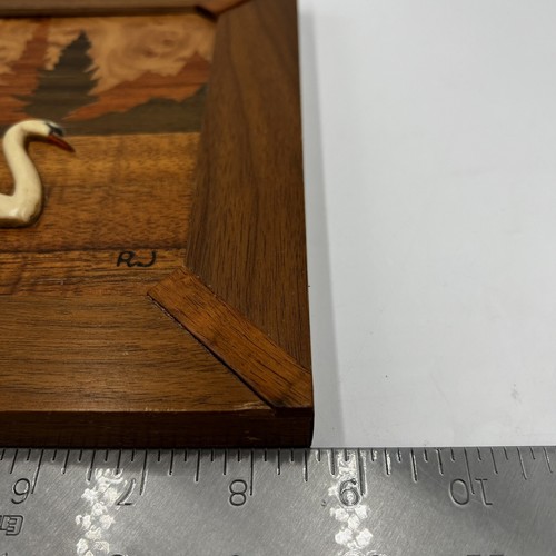 Robert W Johnson Signed Wood Marquetry Inlay Swan Hanging 1980's Art Vintage - Picture 2 of 12