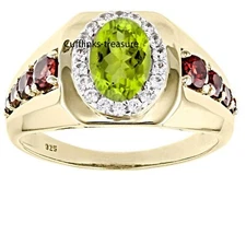 Natural Peridot & Garnet Stones with 925 Sterling Silver Gold Plated Ring  #C488