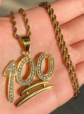 100 Emoji Pendant Necklace - Gold Finish, Sparkling Stones, 16-24, Skin-Friendly