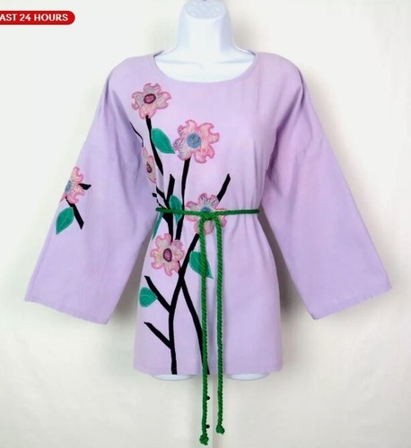 VTG 1970s 80s ALFREDO'S WIFE BLUE COTTON SMOCK TOP TUNIC FLOWERS MEDIUM BELT - Picture 16 of 18