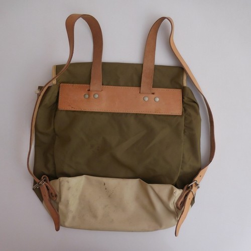 Backpack G85 Vintage Khaki Green White Brown Thongs Leather Canvas Fabric N6252 - Picture 3 of 12