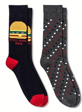 MENS DRESS SOCKS 2-PAIR 'WELL DONE DAD' BBQ CHEESEBURGER SHOE SIZE 7-12