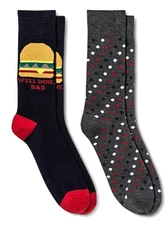 MENS DRESS SOCKS 2-PAIR 'WELL DONE DAD' BBQ CHEESEBURGER SHOE SIZE 7-12