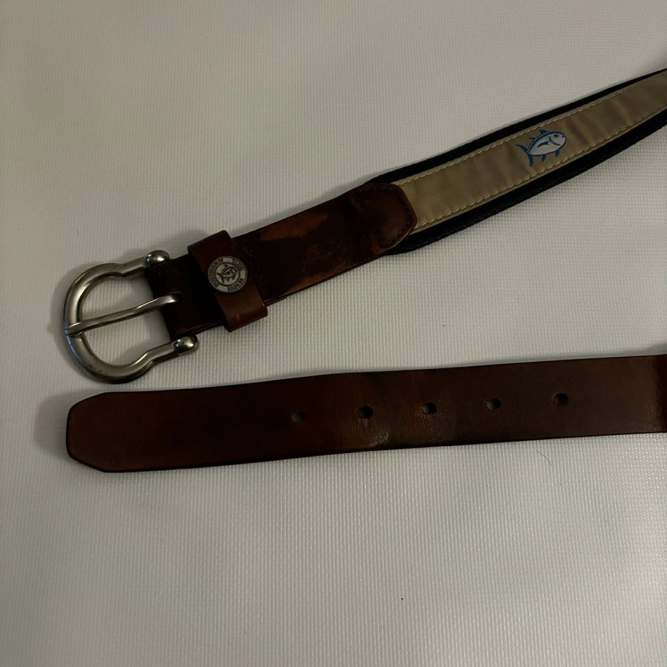 Cinturón Southern Tide Peces Náuticos Hombres Talla 32 Marrón Bronceado Cinta Lona Cuero Foto 4 de 4
