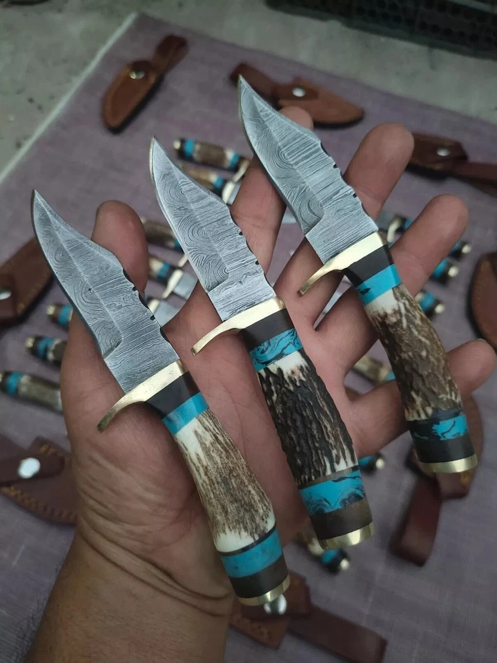 LOTE DE 20 PIEZAS, CUERNO DE CIERVO SKINNER DE 6 PULGADAS/MANGO DE RESINA ACERO DAMASCO CON FUNDA Foto 2 de 4