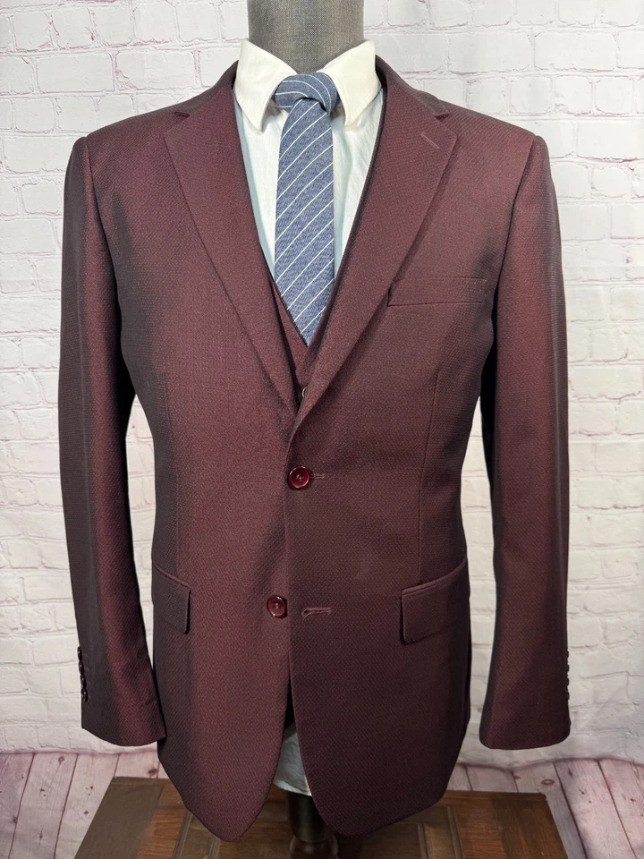 VINCI Hombres Rojo Granate ATHLETIC FIT 3 piezas CHALECO Traje 42R Chaqueta 34x30 Pantalón Foto 2 de 4