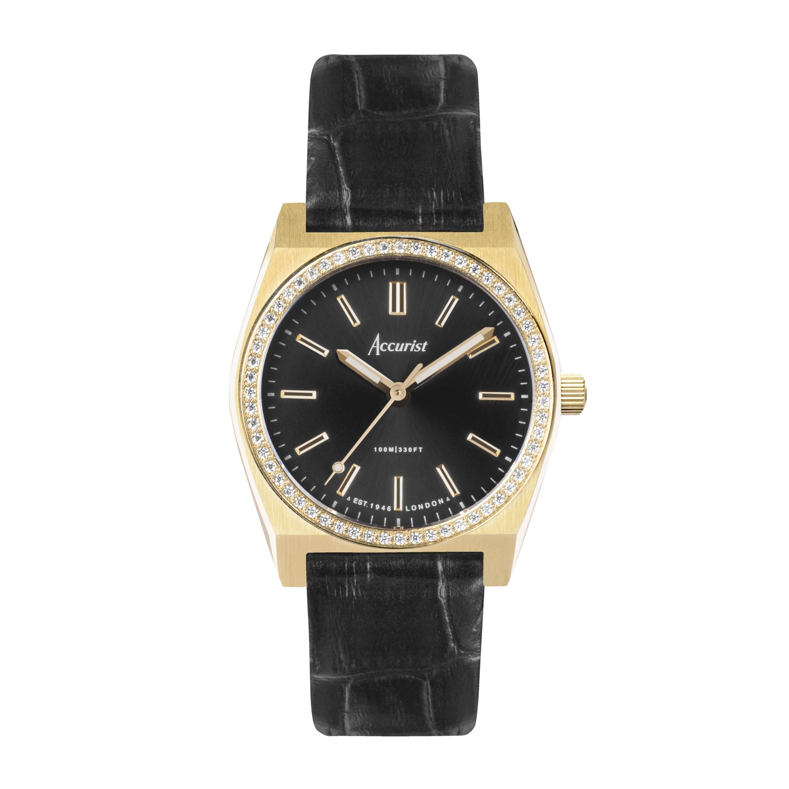 Accurist Origin 34mm Womens Round Gold Analogue Watch with Black Strap