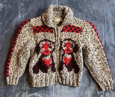 Vintage Hand Knitted Wool Cowichan ZipUp Sweater Cardigan Jacket Kids Puppy 1956