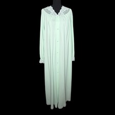 Shadowline 70s Vtg Mint Green Nylon Long Robe Lace Trim Button Front Sz L