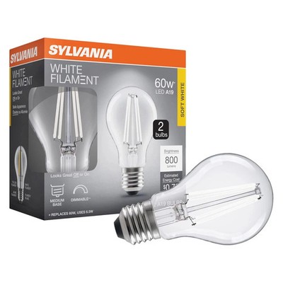 Sylvania A19 Clear LED White Filament Bulb, 6.5W, Dimmable, 800 LMS, (6)  2 Pack