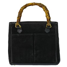 GUCCI Bamboo Suede Handbag Black Gold