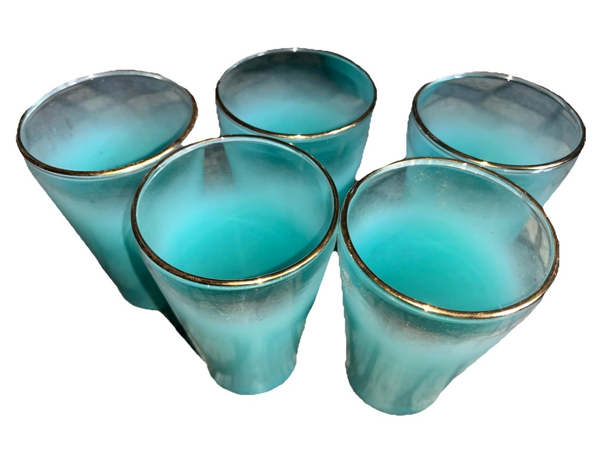 Vintage West Virginia Glass Aqua Blue Blenko Glass Pitcher & 5