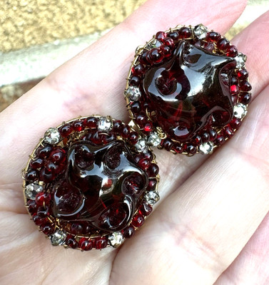 Miriam Haskell Deep Red Molded Glass Rhinestone Filigree Screw Earrings Rare