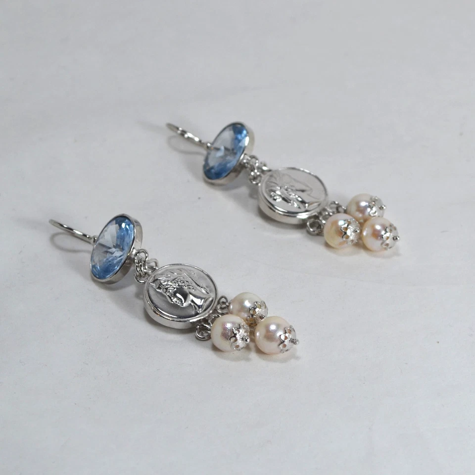 ORECCHINI ARGENTO 925 QUARZO  AZZURRO  PERLE AKOYA BAROCCHE  8 mm   AGHT 020 - Immagine 2 di 3