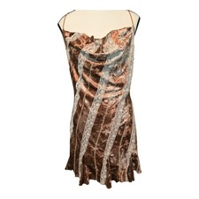 Y2K Crushed Velvet Slip Dress Womens XL Brown Cowl Neck Fairy Grunge Ethereal 