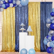 4 Panels Gold Blue Sequin Backdrop Curtain Glitter Drapes Wedding 2x8FT Box