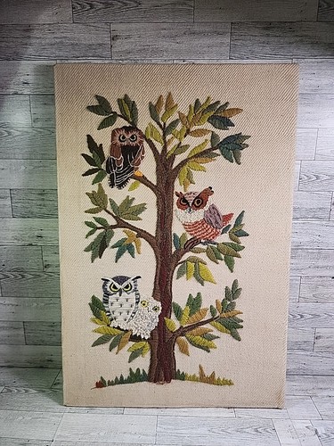 Vintage Handmade Erica Wilson “Tree of Life” Crewel Needlepoint Owl Art 24x16"