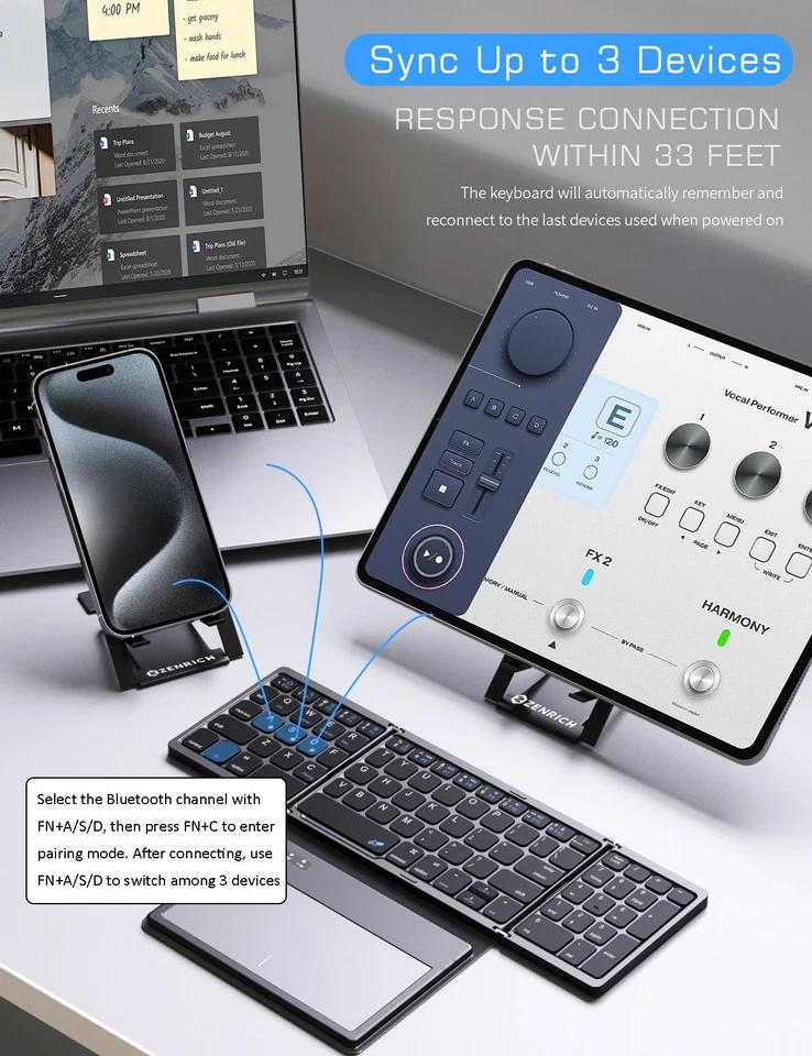 Foldable Wireless Bluetooth Keyboard | Touchpad, 3 Device Sync, Stand, Black - Image 4 of 4