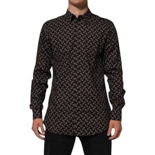 DOLCE & GABBANA Shirt BrownFloral Collared GOLD Formal Dress 42/US16.5/XL 600usd