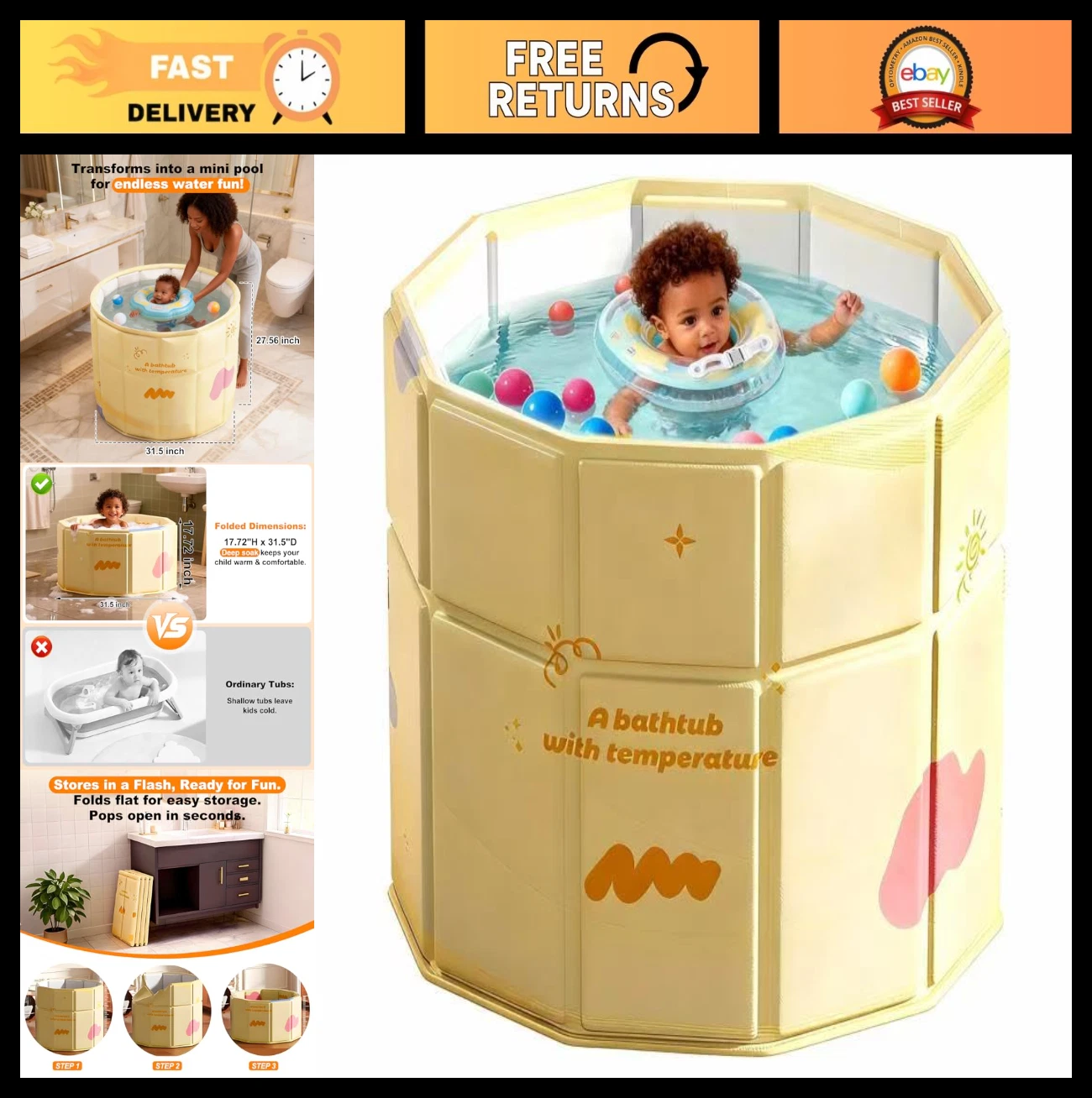 Collapsible Portable Bathtub for Kids 27.5"x31.5" - Foldable Ice Bath & SPA Tub
Opens in a new windo
