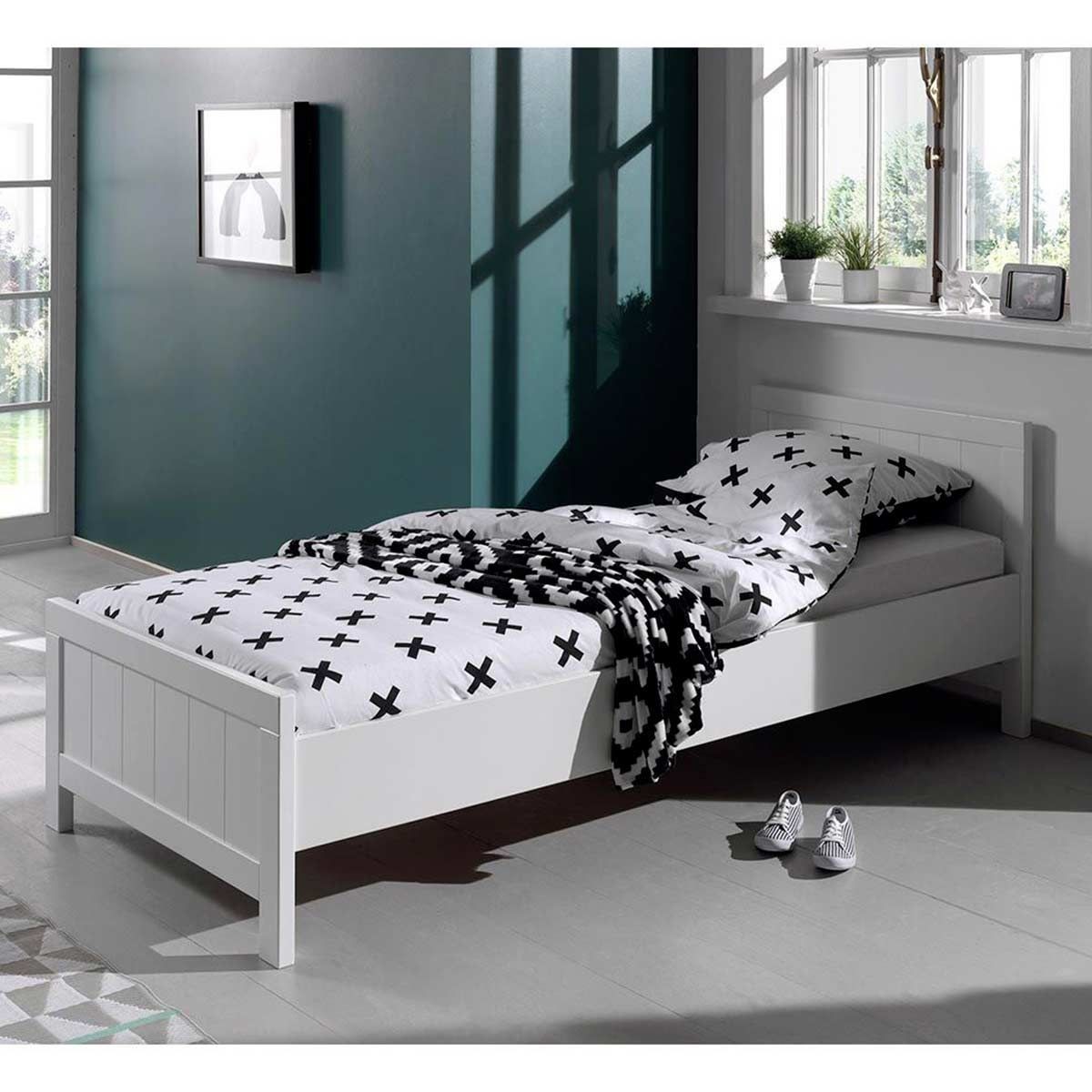 Lit enfant 90x200cm blanc sommier inclus Erik cadre de lit bois pour chambre garçon fille