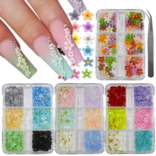4 Boxes 3D Flower Nail Charms Colorful Blossom Studs Nail Supplies with Gold Sil