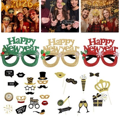 Neujahr Party Selfie Requisiten Photo Booth Zubehör Brille Hüte Schnurrbart Set
