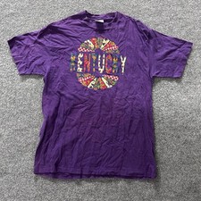 Hanes T-Shirt Mens Size Large Purple Kentucky Floral Patchwork Made in USA Rip
