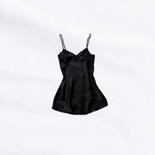 Victoria  s Secret Vintage 90s Black Satin Slip Dress Chemis Lace Trim Romantic