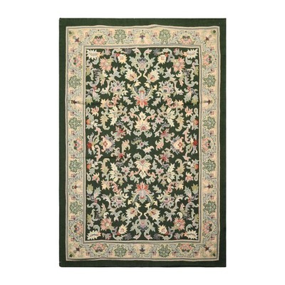 6x9 Hand Woven Wool Green Portugese Needlepoint Floral European Swag Rug
