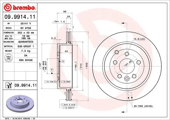2x BRAKE DISC 09.9914.11 FOR LAND ROVER 204PT 2.0L 4cyl LR2B 6324 S 3.2L 6cyl - Image 2 of 4