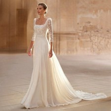 Classic Square Neck Lace Wedding Dresses 3/4 Sleeves Cut Out Back Bridal Gowns