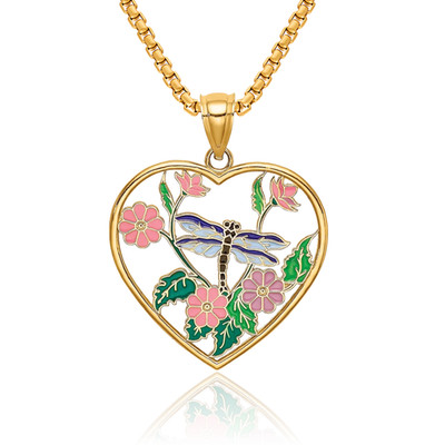 14K massive Gelbgold Libelle Blume Herz Halskette