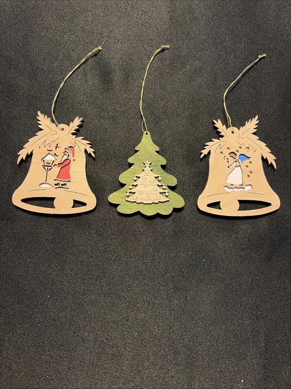 Vintage German Wooden Ornaments Lot of 3 ~ Bells W/Angel & Santa, Christmas Tree